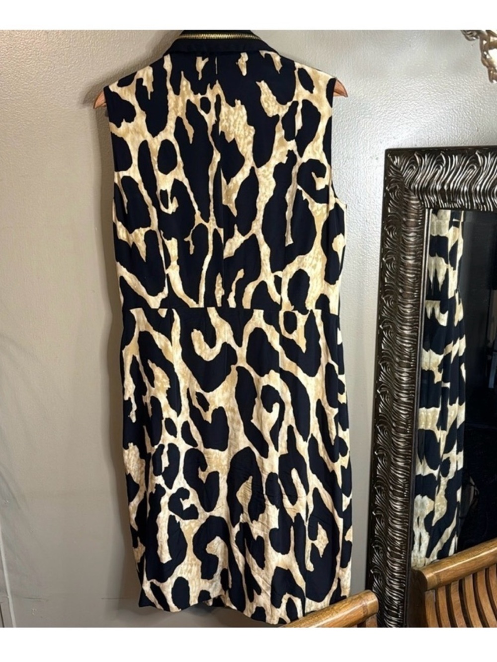 PER SE by CARLISLE Collared Sleeveless Animal-Print Shirt Dress in Black and Tan - Picture 8 of 12